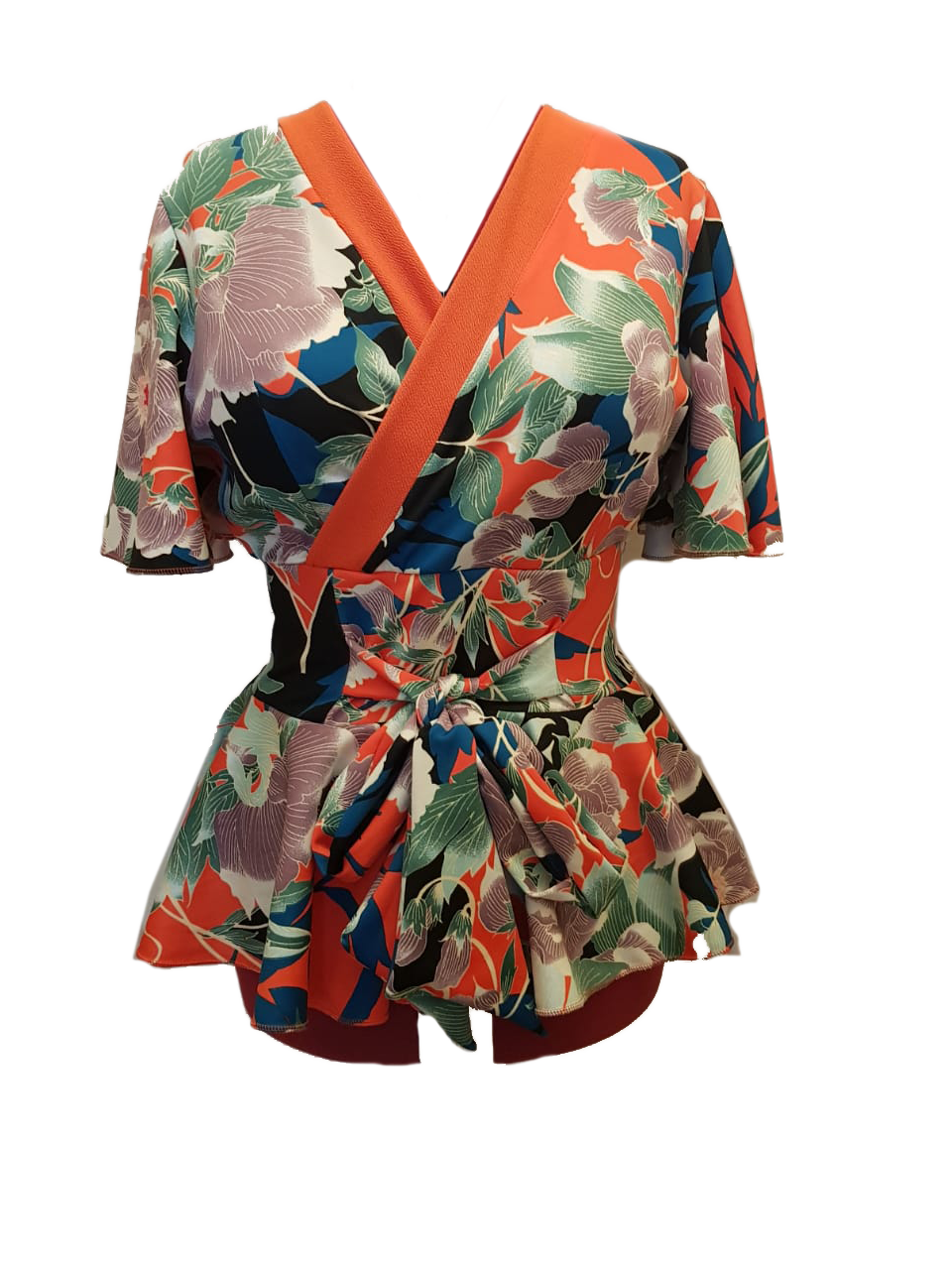 Orange Floral Lap Front Peplum Blouse With Flared Sleeves.