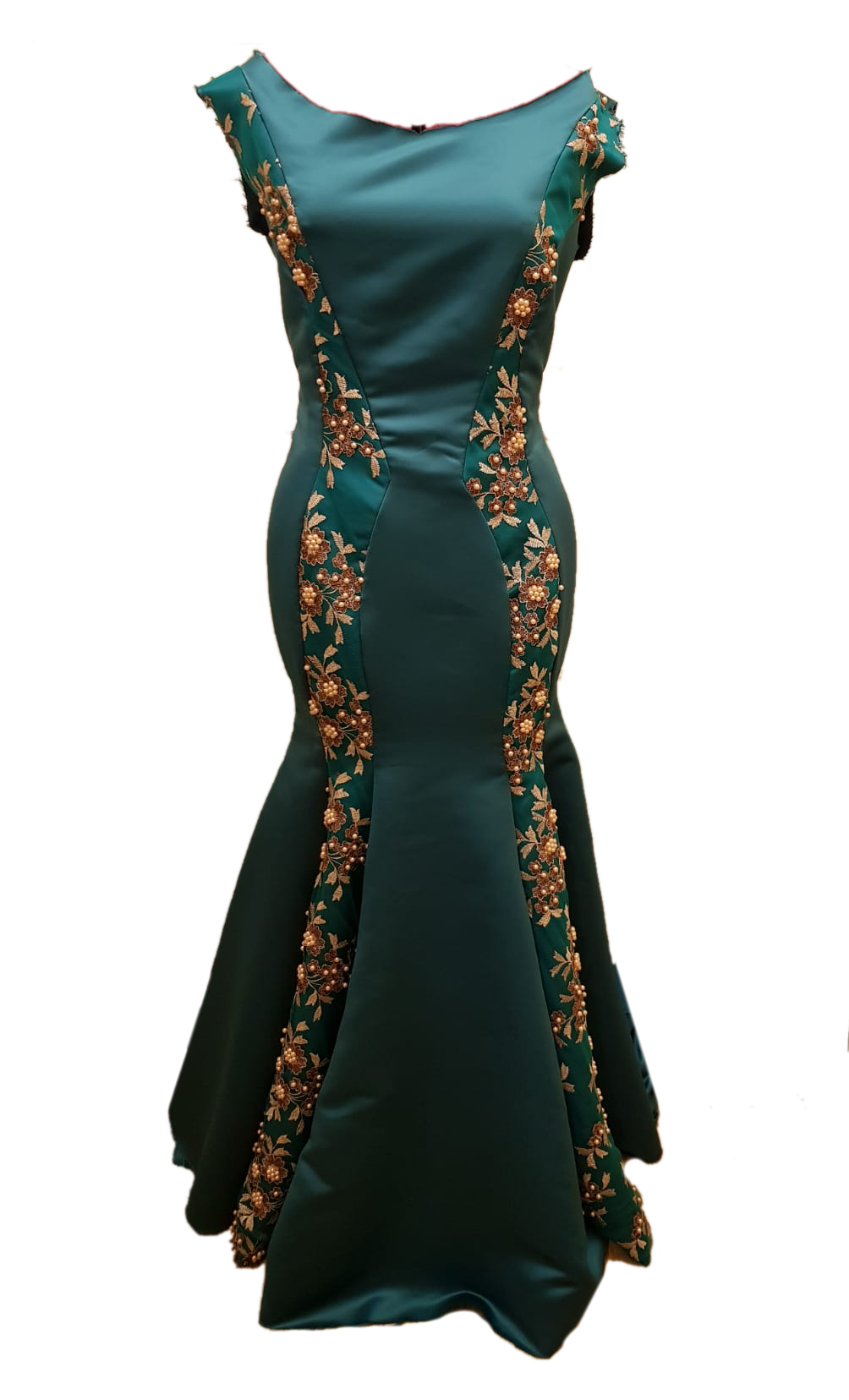 Emerald and Gold Embellishment Satin Mermaid Gown