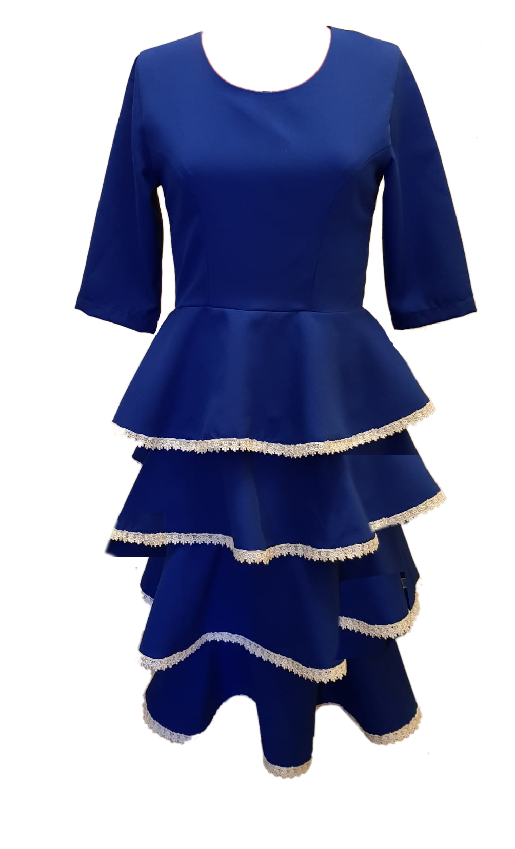 Royal-Blue-Four-Tiered-Flare-Dress-With-White-Embellishments